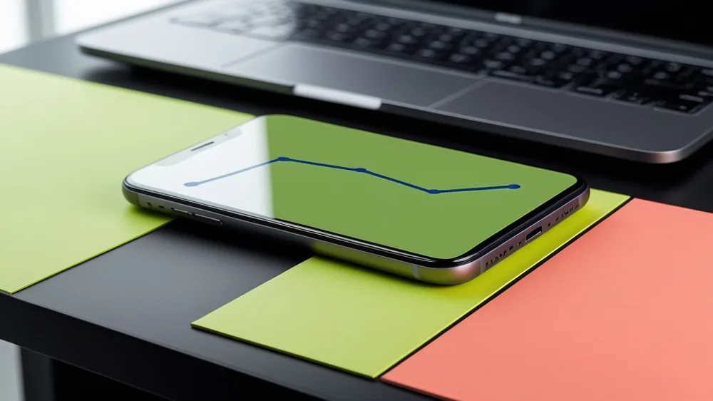 A phone propped on a desk showing a simple upward line chart