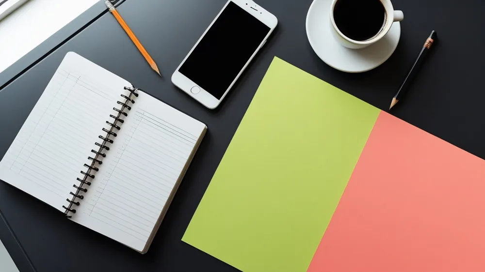 A notebook of handwritten columns beside a phone on a desk