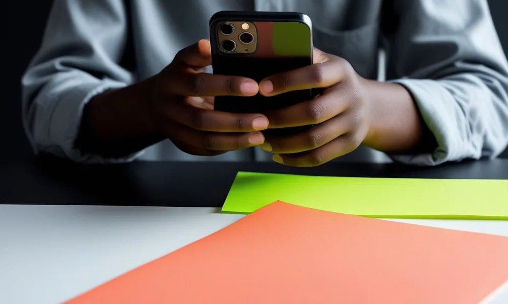 Hands holding a phone at a table