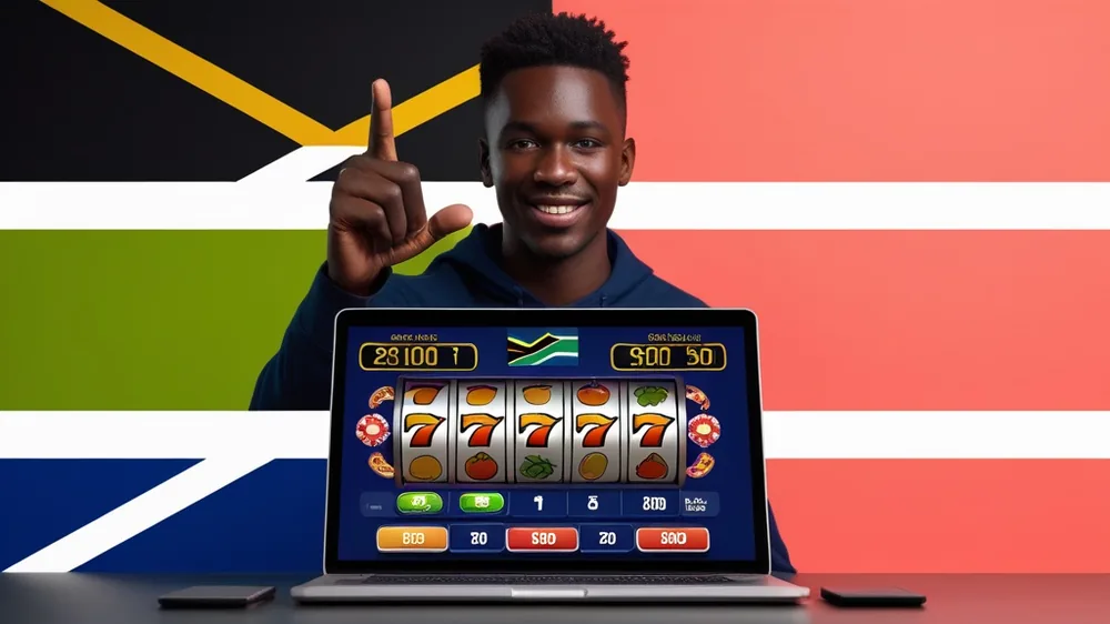 A laptop showing a slot game with three reels